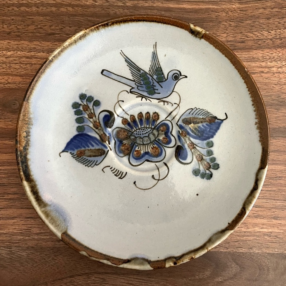 Ken Edwards Mexican Vintage Pottery Plate Tray Signed Blue Bird Flower 6.5"